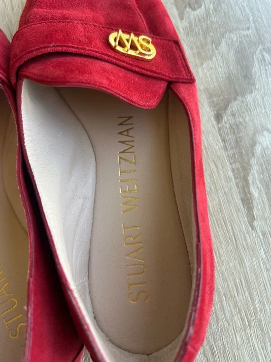 Stuart Weitzman Red Suede Loafers with Gold SW Emblem - Picture 4 of 8